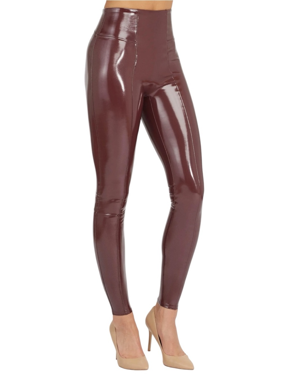 NWT SPANX High-Waist Burgundy patent faux leather liquid Ruby leggings Sz SP
